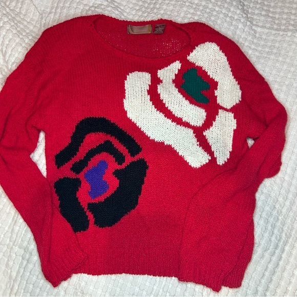 Vintage Worthington Sweater L Petite | Red Floral Knit | 80s 90s Retro Korea - Picture 3 of 9